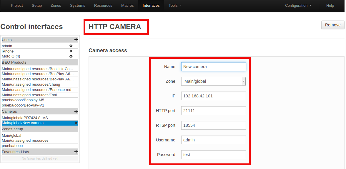 Interfaces Camera configuration