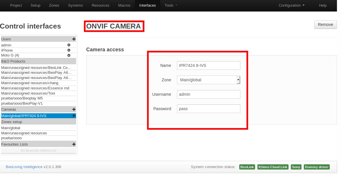 Interfaces ONVIF Camera configuration