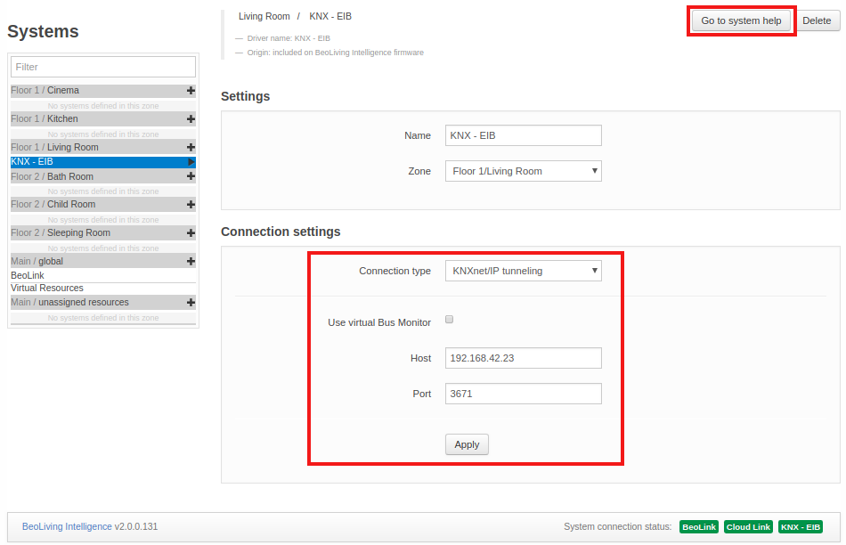 System settings page